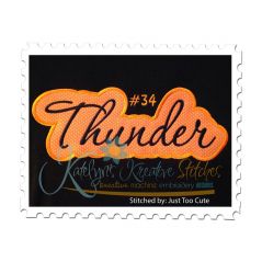 Thunder Applique Script stitched by Just Too Cute Embroidery
