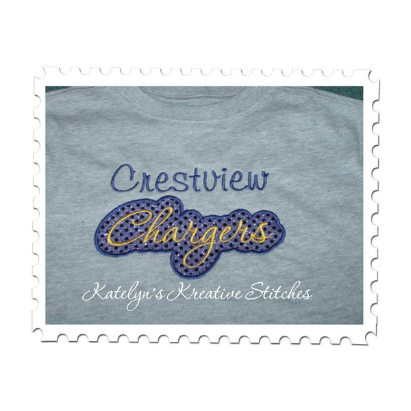Chargers Applique Script stitched by Jeri