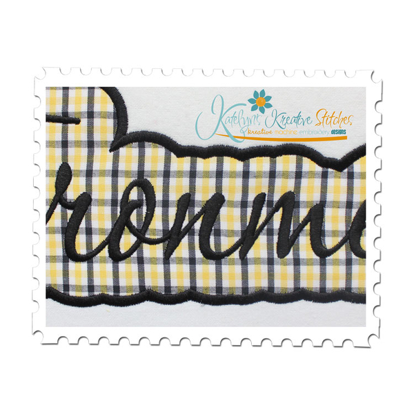 Ironmen Applique Script Satin Close Up