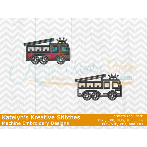 Fire Truck Icon Embroidery - Filled and Outline Versions, 3 image