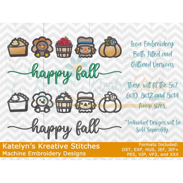 Happy Fall Icon Embroidery - Filled and Outline Versions, 7 image