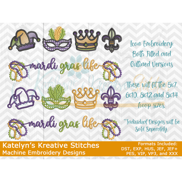 Mardi Gras Life Icon Embroidery - Filled and Outline Versions, 7 image