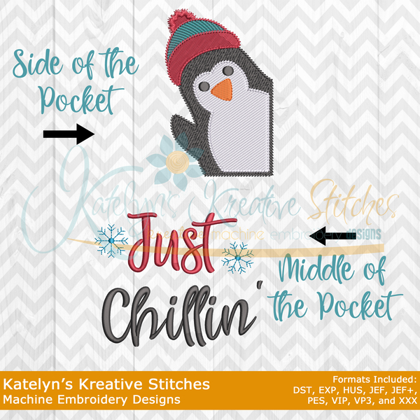 Penguin Just Chillin Pocket Peeker Machine Embroidery Design
