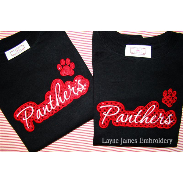 Panthers Applique Script stitched by Layne James Embroidery