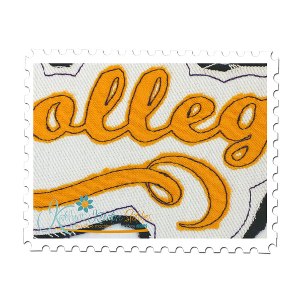 College Distressed Applique Close Up