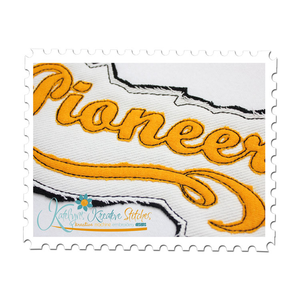 Pioneers Distressed Applique Close Up