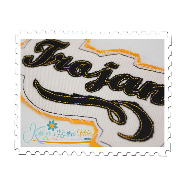 Trojans Distressed Applique Close Up