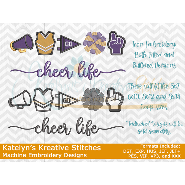 Cheer Life Icon Embroidery - Filled and Outline Versions, 5 image Cheer Life Icon Embroidery - Filled and Outline Versions, 5 image