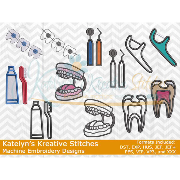 Dental Life Icon Embroidery Bundle Set - Filled and Outline Versions - 12 Designs