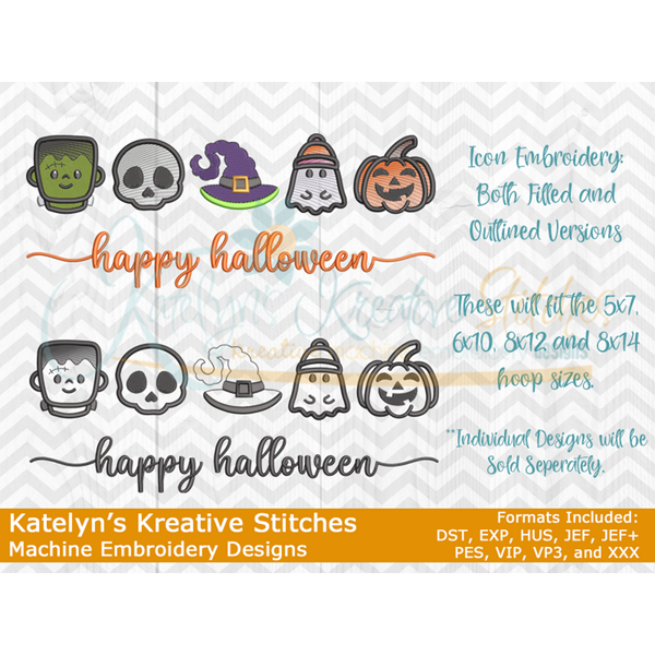 Happy Halloween Icon Embroidery - Filled and Outline Versions