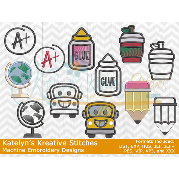 Teacher Life Icon Embroidery Bundle Set - Filled and Outline Versions - 12 Designs