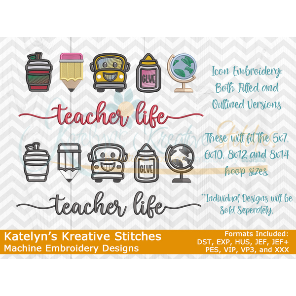 Teacher Life Icon Embroidery - Filled and Outline Versions, 5 image