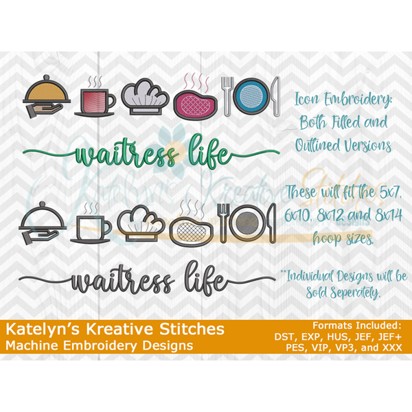 Waitress Life Icon Embroidery - Filled and Outline Versions, 5 image