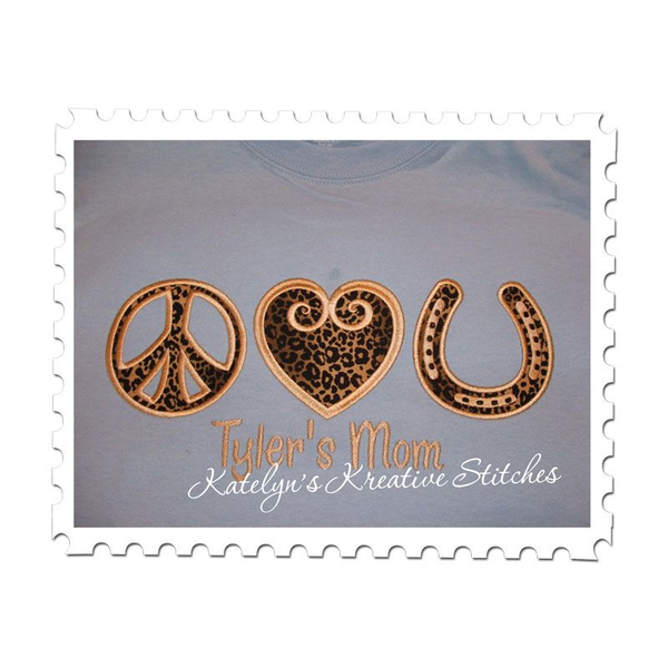 Peace Love and Horseshoe stitched by Shannon Bazo